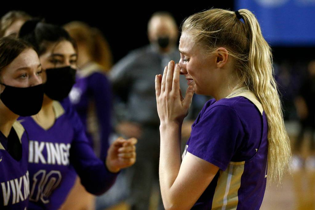Lake Stevens Chloe Pattison tears up after failing to get off a last-second shot to tie the game against Pasco Thursday, March 3, 2022, during a 4A matchup at the Tacoma Dome in Tacoma, Washington. (Ryan Berry / The Herald)