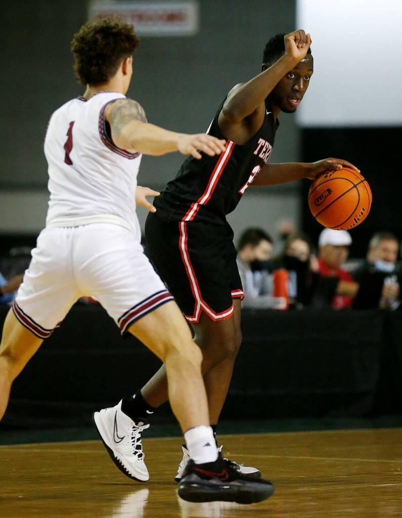 Mountlake Terraces Jeffrey Anyimah calls out a play to his teammates against Mt. Spokane on Thursday at the Tacoma Dome. (Ryan Berry / The Herald)