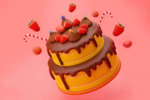 Realistic flying cake chocolate with red strawberries toppings and  macaroons  3d illustration