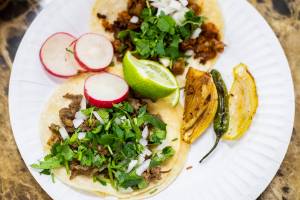 Carne asada and chorizo tacos from Carniceria Los Compadres on Thursday, March 3, 2022 in Everett, Washington. (Olivia Vanni / The Herald)