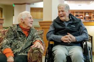 Centenarians Maizie and Roy Mays have been married for more than 77 years. Photo taken in Lynnwood, Washington on March 9, 2022. (Kevin Clark / The Herald)