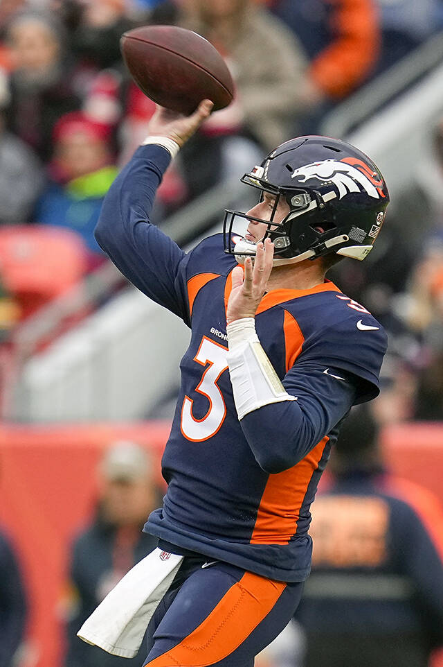 Denver Broncos quarterback Drew Lock (3) throws during a game against the Kansas City Chiefs on Jan. 8 in Denver. (AP Photo/Jack Dempsey, file)