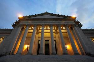 The Legislative Building is seen at dusk Tuesday, Feb. 15, 2022, following a session of the Legislature in Olympia, Wash. (AP Photo/Ted S. Warren)