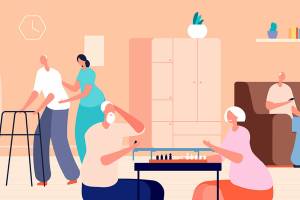 Nursing home. Old woman man living in senior house. Doctor nurse care elderly people. Happy retired, gerontology patient vector illustration. Old senior, nursing and caregiver, retired healthcare