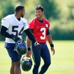 Former Seattle Seahawks quarterback Russell Wilson (3) walks with linebacker Bobby Wagner after training camp on Aug. 14, 2020, in Renton. (AP Photo/Ted S. Warren)