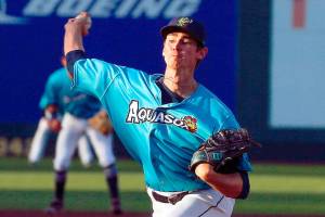 AquaSox's Emerson Hancock throws a pitch against the Hillsboro Hop Roster Thursday evening at Funko Field in Everett on June 3, 2021. (Kevin Clark / The Herald)