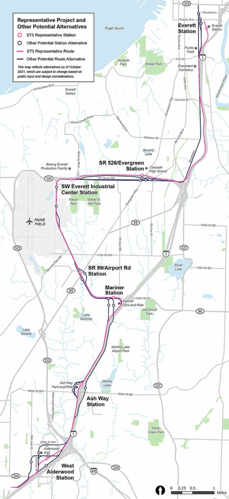 A map of alternative routes and stations for the Sound Transit light rail extension from Lynnwood to Everett. (Sound Transit)