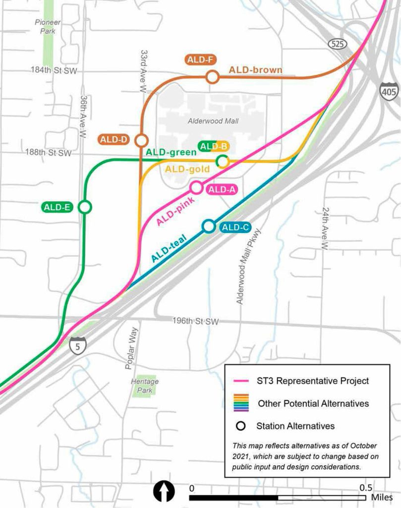 Sound Transit light rail could follow one of several options for its line and West Alderwood station. (Sound Transit)
