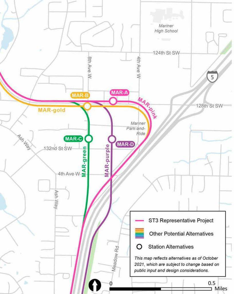 Alternatives for the Mariner light rail station. (Sound Transit)