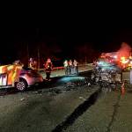 The scene of a two-car collision on southbound I-5 in Everett, just south of 41st Street, early on Feb. 19. (Washington State Patrol)