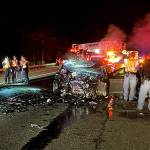 The scene of a two car collision southbound on I-5 in Everett, just south of 41st Street, early on Saturday, Feb. 19, 2022. (Washington State Patrol)
