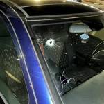 The hole from a gunshot through a car windshield that struck a 36-year-old man in the shoulder. (Lynnwood Police Department)
