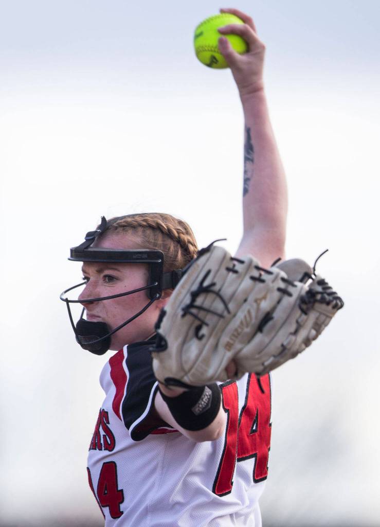 Snohomishs Skyla Bristol pitches during the game against Glacier Peak on Wednesday, March 16, 2022 in Snohomish, Washington. (Olivia Vanni / The Herald)