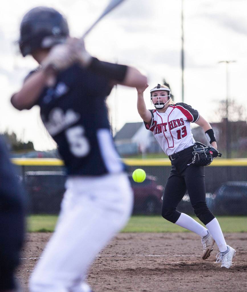 Snohomishs Alex Flohr pitches during the game against Glacier Peak on Wednesday, March 16, 2022 in Snohomish, Washington. (Olivia Vanni / The Herald)