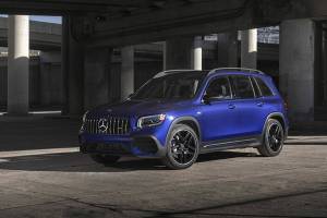 A large logo up front helps identify the unorthodox AMG GLB 35 compact SUV as a Mercedes. (Manufacturer photo)