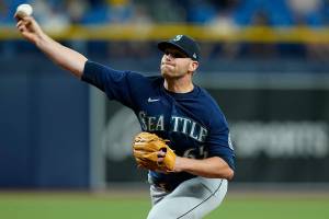 Seattle Mariners relief pitcher Casey Sadler during the seventh inning of a baseball game against the Tampa Bay Rays Tuesday, Aug. 3, 2021, in St. Petersburg, Fla. (AP Photo/Chris O'Meara)