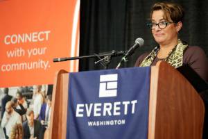 Cassis Franklin, Mayor of Everett, delivers the annual state of the city address Thursday morning in the Edward D. Hansen Conference Center in Everett, Washington on March 31, 2022.  (Kevin Clark / The Herald)