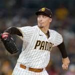 Padres starting pitcher Blake Snell, a Shorewood High School graduate, works against an Angels batter during the first inning of a game on Sept. 7, 2021, in San Diego. (AP Photo/Gregory Bull)