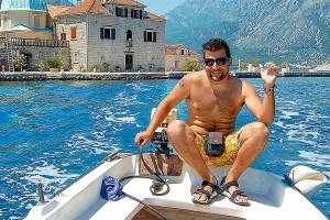 Visiting the island church by boat.