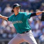 Seattle Mariners starting pitcher Logan Gilbert throws during the first inning of a game against the Kansas City Royals on Sept. 19, 2021, in Kansas City, Mo. (AP Photo/Charlie Riedel)
