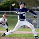 Arlingtons Ty Rusko pitches against Snohomish Friday afternoon at Snohomish High School. The Eagles won 4-2. (Kevin Clark / The Herald)