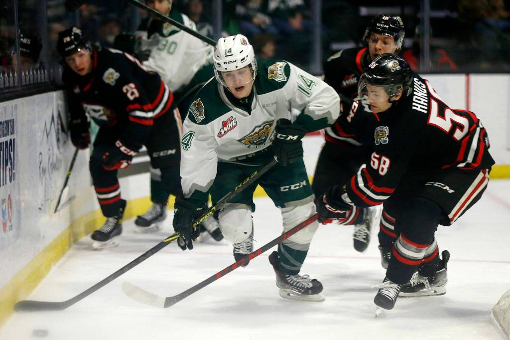 The Everett Silvertips Austin Roest draws a tripping penalty behind the net against the Portland Winterhawks Saturday, March 26, 2022, at Angel of the Winds Arena in Everett, Washington. (Ryan Berry / The Herald)