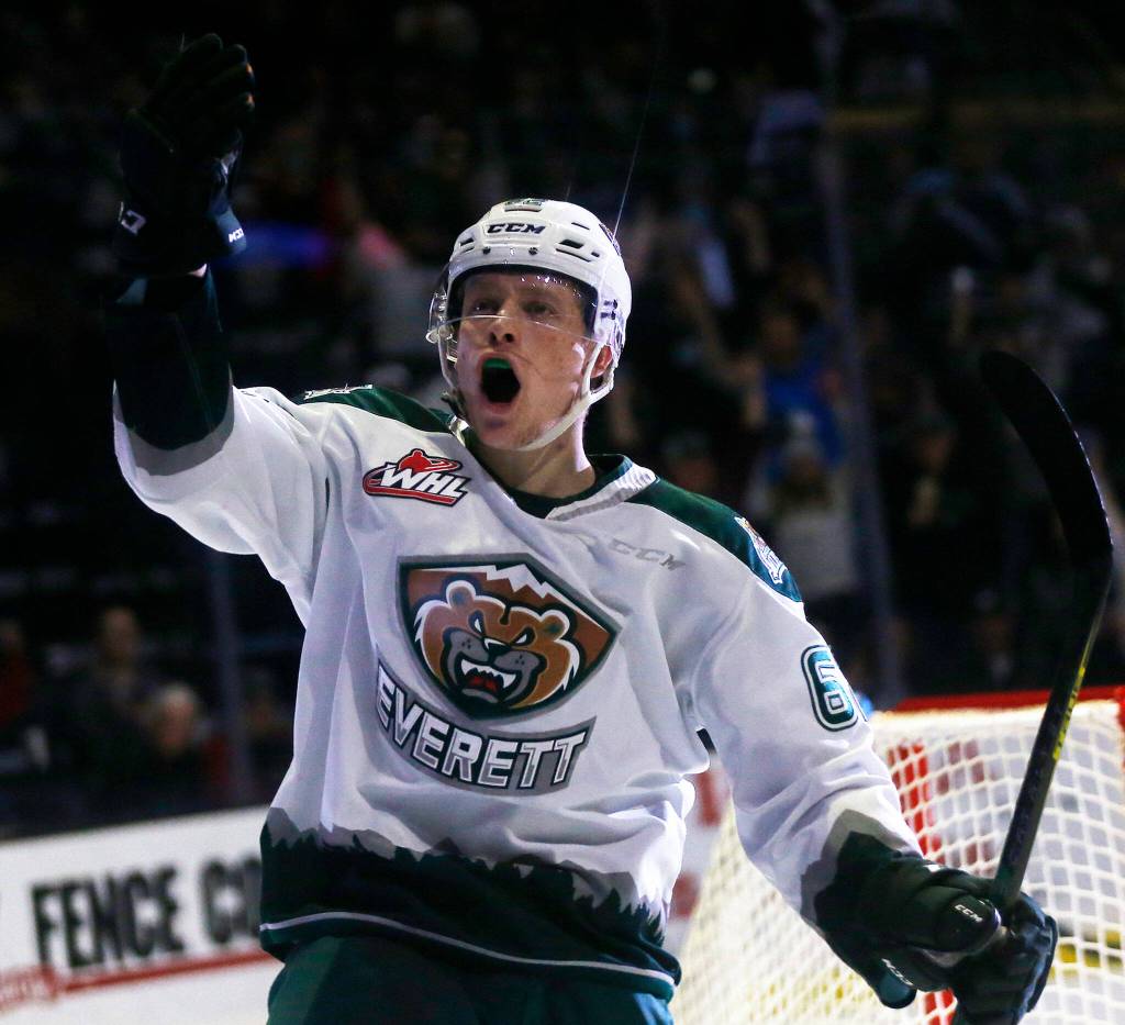 The Everett Silvertips Michal Gut celebrates a first period goal against the Portland Winterhawks Saturday, March 26, 2022, at Angel of the Winds Arena in Everett, Washington. (Ryan Berry / The Herald)