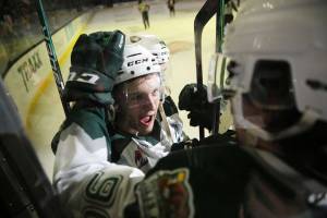 The Everett Silvertips’ Jackson Berezowski celebrates his second goal of the night with teammates against the Portland Winterhawks Saturday, March 26, 2022, at Angel of the Winds Arena in Everett, Washington. (Ryan Berry / The Herald)