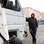 Ed Hunt stands outside his RV on Cornwall Avenue on March 16. Hunt has lived along the road for more than a year. (Hailey Hoffman/Cascadia Daily News)