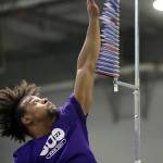 Kyler Gordon, an Archbishop Murphy High School graduate and University of Washington cornerback, records an unofficial 39.5-inch vertical during UWs pro day Tuesday at the Dempsey Indoor Center in Seattle. (Ryan Berry / The Herald)