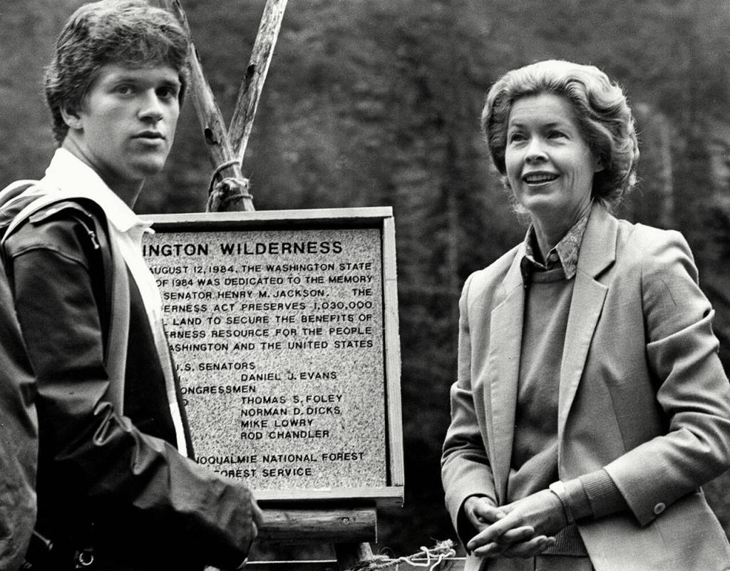 Peter Jackson and Helen Jackson at the 1984 dedication of the Jackson Wilderness and the signing of President Ronald Reagans Washington Wilderness Act. (Jim Leo / Peter Jackson)
