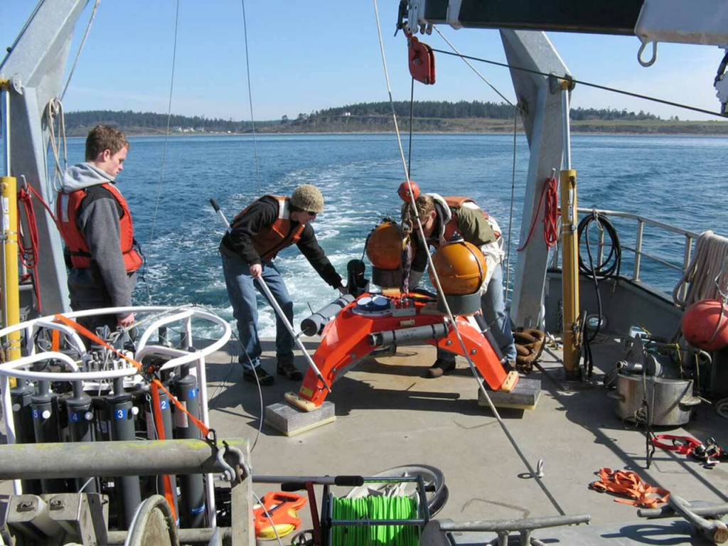 In 2009, University of Washington researchers gather survey data in Admiralty Inlet west of Whidbey Island using a fiberglass tripod called the Seaspider, which is outfitted with a variety of instruments. (Snohomish County PUD)