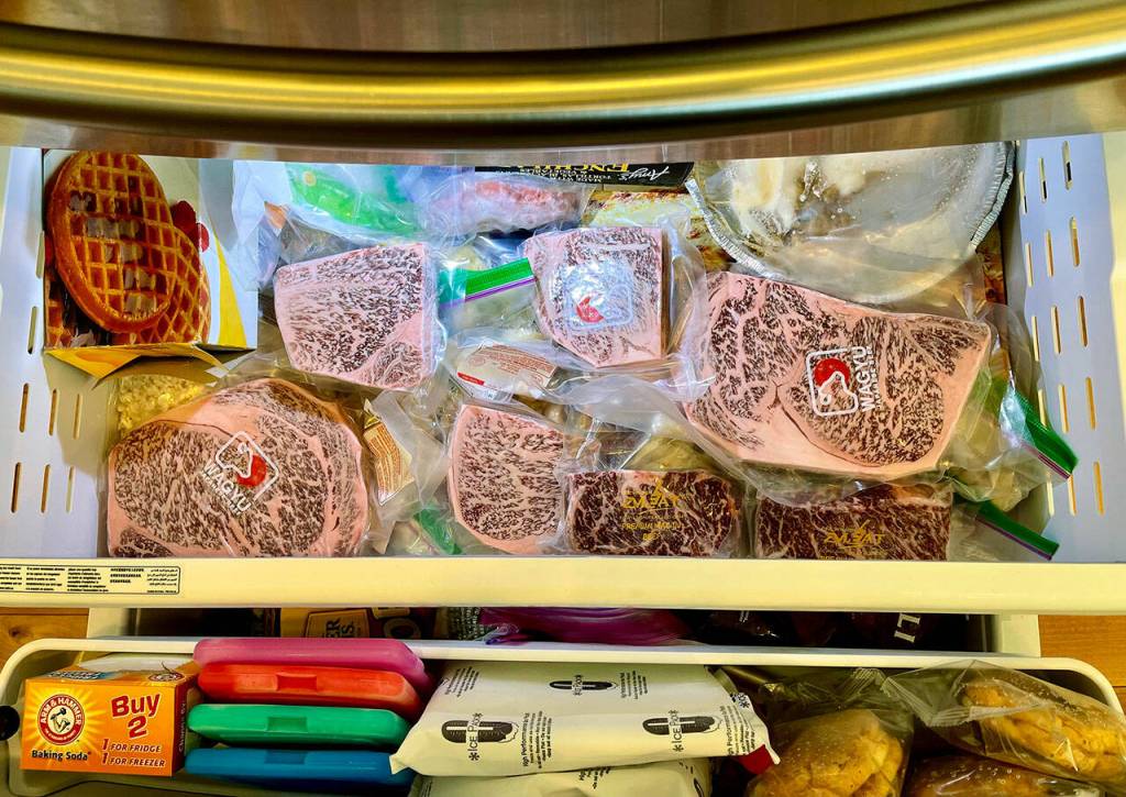 A look inside Ian Rinearson's freezer shows his fondness for Japanese Wagyu, and the occasional waffle. (Ian Rinearson)