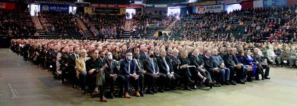 Thousands turned out for a memorial service for slain Everett police officer Dan Rocha on Monday at Angel of the Winds Arena in Everett. (Everett Police Department)