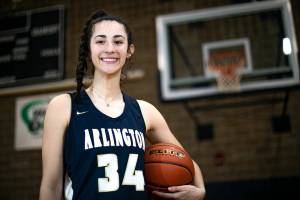 Player of the year Jenna Villa from Arlington High School is pictured Sunday, March 27, 2022, on her home court in Arlington, Washington. (Ryan Berry / The Herald)