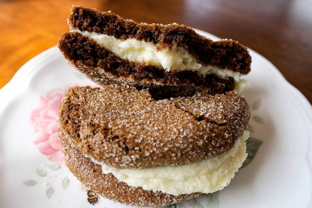 The cardamom ginger molasses cookies at Grain Artisan Bakery in Snohomish are delightfully chewy and gluten-free, with a crunchy sugar exterior and cream cheese filling. (Taylor Goebel / The Herald)