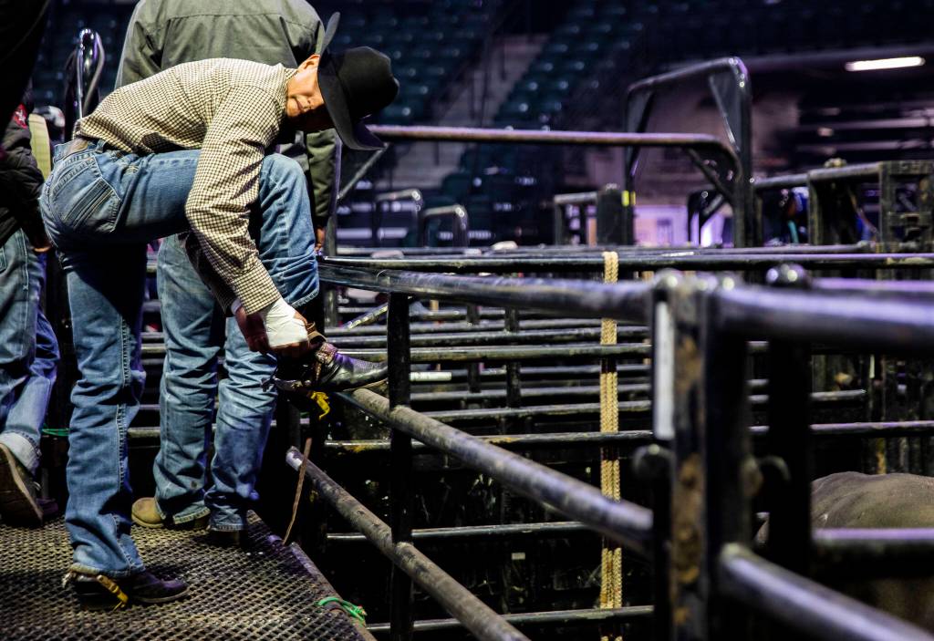 A bull rider puts on his spurs during the PBR Everett Invitational at Angel of the Winds Arena on Wednesday, April 6, 2022 in Everett, Washington. (Olivia Vanni / The Herald)