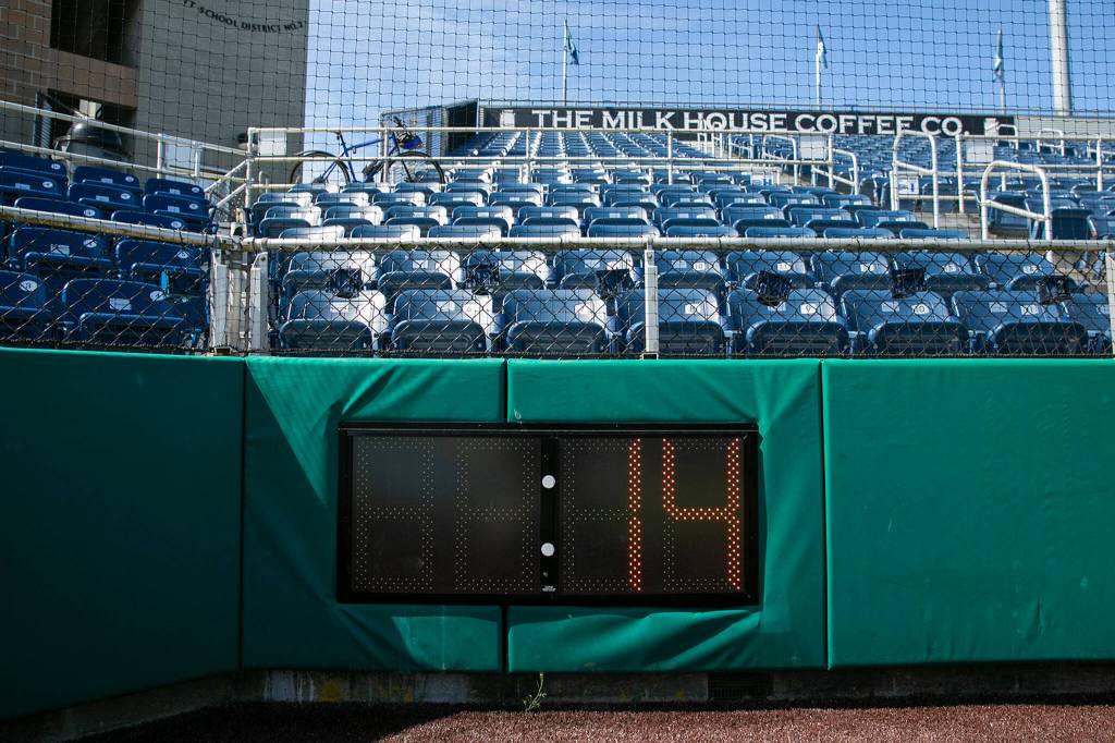 A pitch clock displays 14 seconds, the amount of time a pitcher has to deliver a pitch with no runners on base, during an AquaSox team workout Wednesday. (Ryan Berry / The Herald)