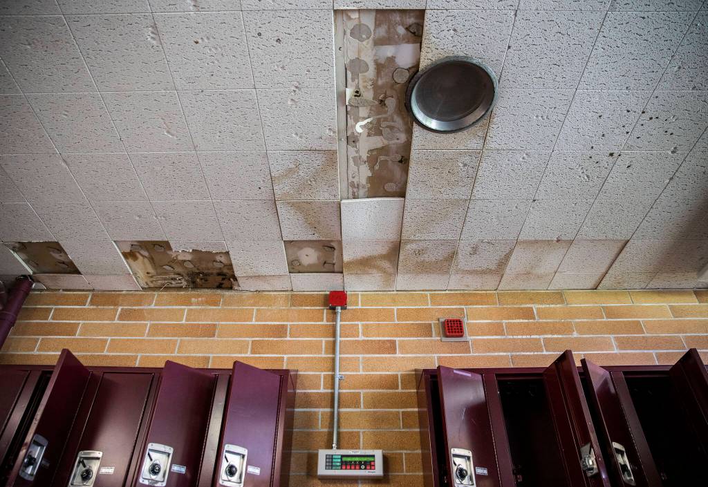 Water damage on the ceiling at Lakewood Middle School in Arlington. (Olivia Vanni / The Herald)
