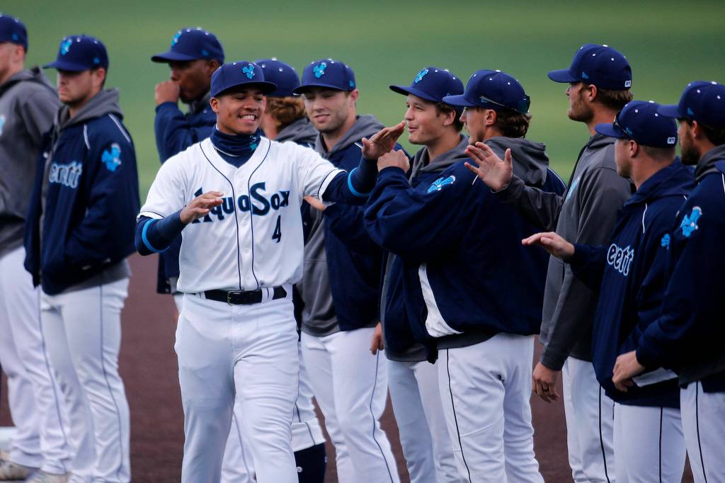 AquaSox shortstop Noelvi Marte high-fives teammates during introductions before a game against Eugene on Friday at Funko Field in Everett. (Ryan Berry / The Herald)