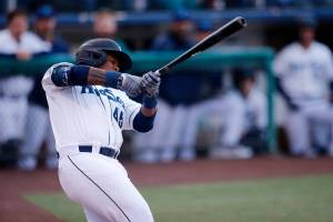 AquaSox leadoff batter Alberto Rodriguez rips a ball foul during a game against Eugene Friday, April 8, 2022, at Funko Field in Everett, Washington. (Ryan Berry / The Herald)