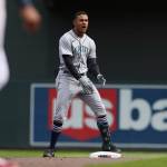Mariners center fielder Julio Rodriguez (44) reacts after doubling during the ninth inning of a game against the Twins on Saturday in Minneapolis. Seattle won 4-3. (AP Photo/Stacy Bengs)