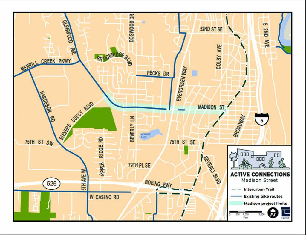 Bike lanes on Madison Street would connect the Interurban Trail with planned bike lanes on Sievers Duecy Boulevard to Boeing and Paine Field. (City of Everett)