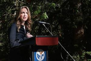Speaking from the McLane Creek Nature Trail west of Olympia, Wash. on Wednesday, April 6,2022 Washington state Commissioner of Public Lands Hilary Franz announces an inaugural carbon project which will be located in selected locations on state trust lands. Joined by regional tribal leaders, representatives from the carbon market industry along with the environmental community. Franz outlined the agency's goals that include offsetting carbon emissions while the preserving thousands of acres of Western Washington's more ecologically valuable forest land. (Steve Bloom/The Olympian via AP)