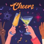 Hands holding sparklers clinking glasses with alcohol drinks cocktails. Men, women having fun at Christmas party. Friends celebrating holiday event together at club. Flat cartoon vector illustration