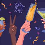 Hands holding sparklers clinking glasses with alcohol drinks cocktails. Men, women having fun at Christmas party. Friends celebrating holiday event together at club. Flat cartoon vector illustration