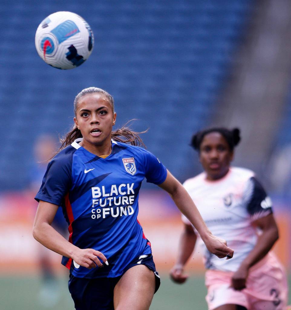 OL Reigns Ally Watt chases down a long pass during a NWSL Challenge Cup matchup against Angel City FC Sunday, April 17, 2022, at Lumen Field in Seattle, Washington. (Ryan Berry / The Herald)