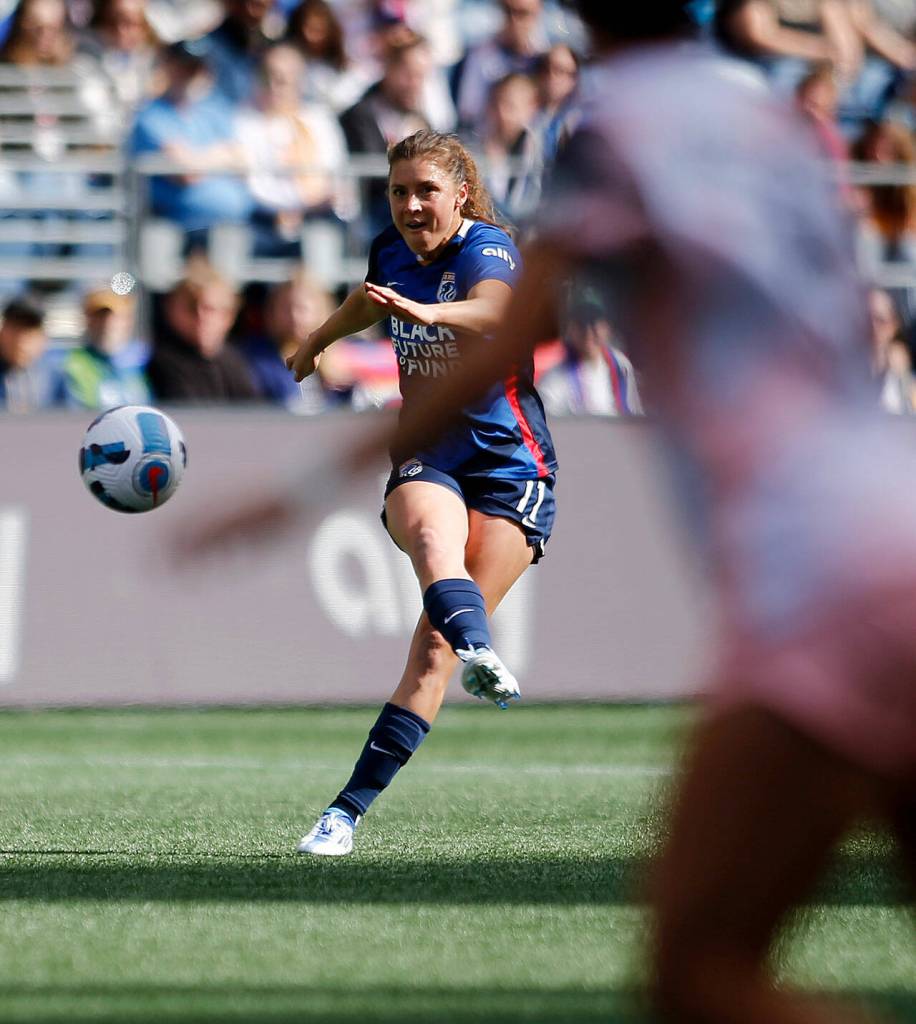OL Reigns Sofia Huerta sends the ball upfield during a NWSL Challenge Cup matchup against Angel City FC Sunday, April 17, 2022, at Lumen Field in Seattle, Washington. (Ryan Berry / The Herald)