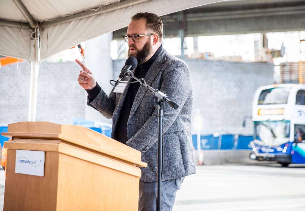 State Sen. Marko Liias, D-Everett, speaks at the groundbreaking of the Swift Orange line Tuesday in Lynnwood. (Olivia Vanni / The Herald)