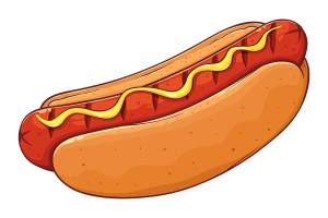 Delicious classic american hot dog with mustard, hand drawn vector illustration isolated on white background